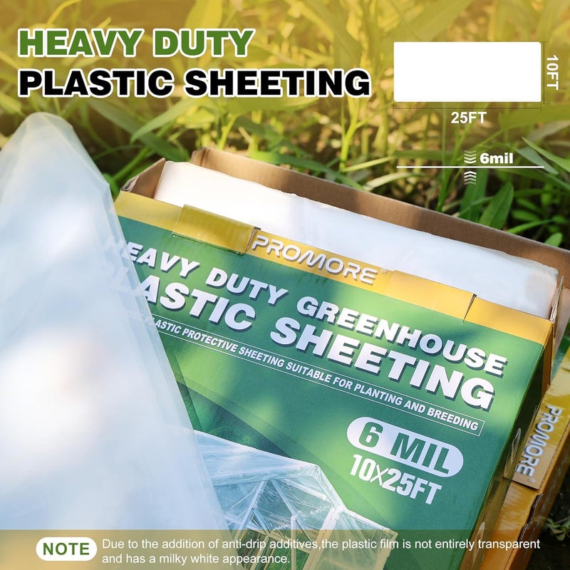 PROMORE 6 Mil Plastic Sheeting 10x25 FT Clear, Greenhouse Plastic Sheeting Heavy Duty, Polyethylene Film, UV Resistant, Tear-Proof, for Garden, Agriculture, Painting Floor Protection - Image 3